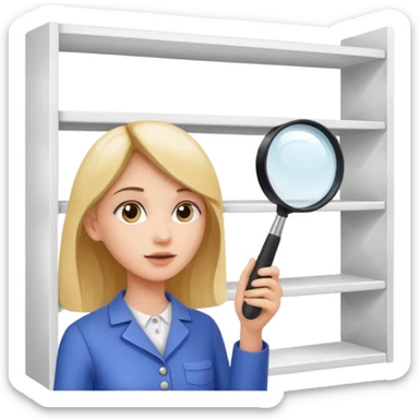 emoji of white empty shelf in perspective view with a woman nearby, she is looking at the shelfs with a magnifying glass sticker