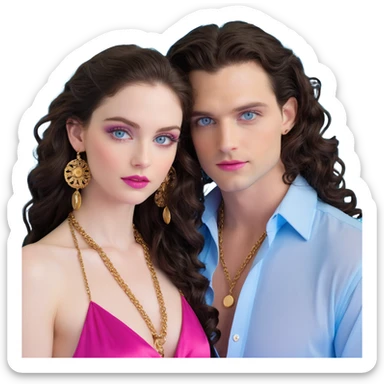 attractive couple with baddie energy, woman with big blue-grey eyes, long lashes, pale skin, pink lips, long voluminous dark brown curls, gold hoop earrings, revealing silky halter top next to handsome man with intense blue-grey eyes, chiseled features, pale skin, confident smirk, dark brown styled hair, gold chain, revealing open shirt sticker