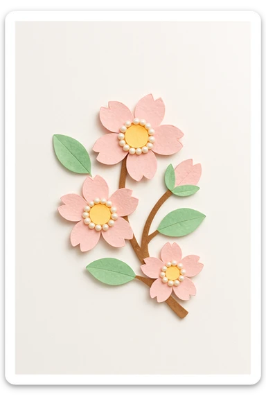 pastel sakura branch with a pearl border, paper craft style sticker