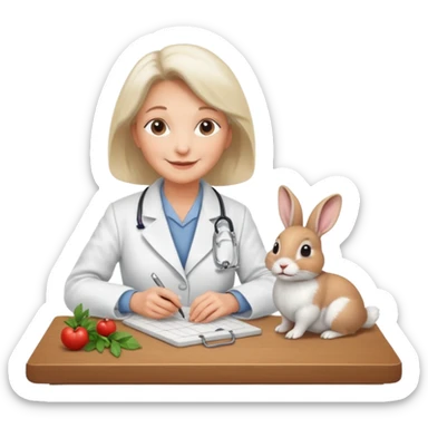 Older female vet – gentle smile, coat, checking rabbit on table. sticker