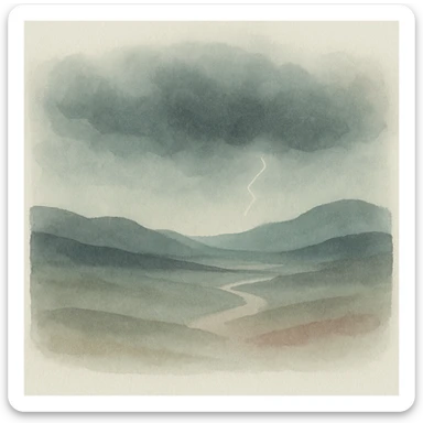 dark landscape painting, desolate valley, distant lightning, heavy clouds, expressive brushstrokes sticker