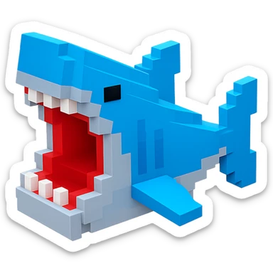 voxel style shark, open mouth, blocky, blue and silver, no background sticker