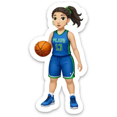 full body plus size light skin  latino women basketball player with wavy dark hair in pony tail wide nose wearing blue uniform with green accent sticker