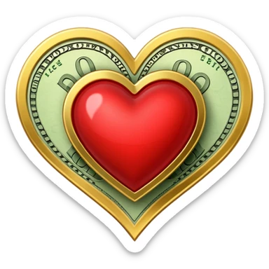 "Realistic HD heart fully merged with money, red glossy heart seamlessly fused with cash textures and gold tones, glowing dramatic light, symbolizing love and wealth becoming one, white background." sticker