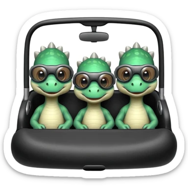 Tres dinosaurios bebés grises cada uno subido en un carro tecnológico blanco con lentes de realidad virtual sticker