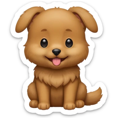 Cute small brown fluffy dog emoji icon. Round face, short muzzle, light brown fur with slightly darker ears, small black nose, happy smiling expression with tongue out. Soft friendly eyes, sitting pose with front paws together. Simple clean vector style, minimal details, kawaii style. sticker