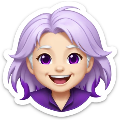 Chibi Sable Ward laughing hard, exaggerated laugh, head tilted back, white hair with purple streaks, fully purple eyes, extremely happy expression sticker