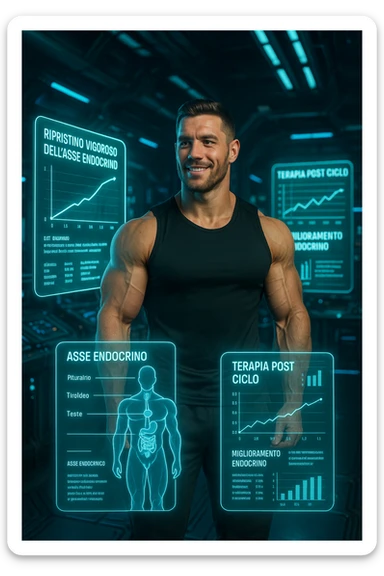 "Un uomo bodybuilder (30-35 anni) in un laboratorio biohacker futurista, circondato da ologrammi che mostrano il ripristino vigoroso del suo asse endocrino dopo una PCT di successo. in italiano sticker