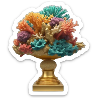 modern sculpture of colorful sea corals on a golden glittering pedestal, zoomed out view of the entire sculpture, 4K resolution sticker