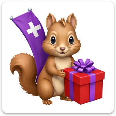 realistic squirrel holding a purple gift box in one hand and a red Swiss flag in the other, both objects clearly visible, simple white background, the gift is a different color from the flag sticker