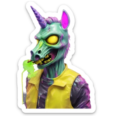 .Zombie_ Vaporwave black holographic oilslick zombie unicorn smoking yellow caution tape  sticker