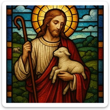 Jesus the Good Shepherd, classic stained glass look sticker