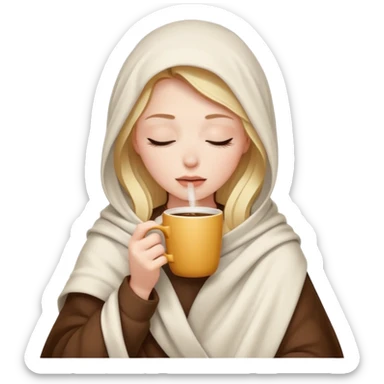 white girl inside a blanket sipping coffee eyes closed sticker