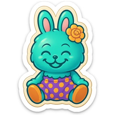 Change the teal bunny character's face to a happy, wide smile with closed eyes, keeping the retro stickers style. sticker