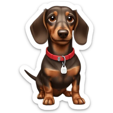 Happy brown wire-haired dachshund with red tag sticker