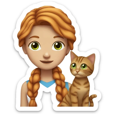 girl with blue eyes, with flowing ginger hair with brown tabby cat with greenish eyes sticker