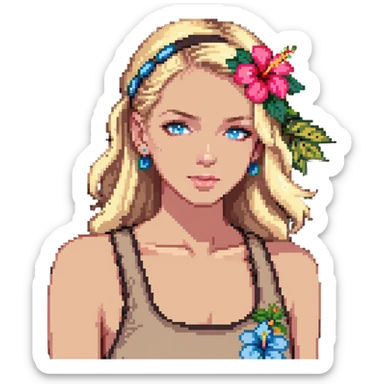 preppy coastal teen girl with blue eyes, beach blonde hair, tan skin, hibiscus flower in her ear, preppy beach outfit sticker