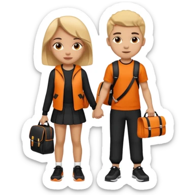 light skin students girl and boy with school bag full of books on back and dumbell in hand. Clothes are in black and orange colours  sticker