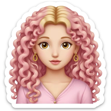 A beautiful girl wearing light pink clothes, long golden curly hair, earrings sticker