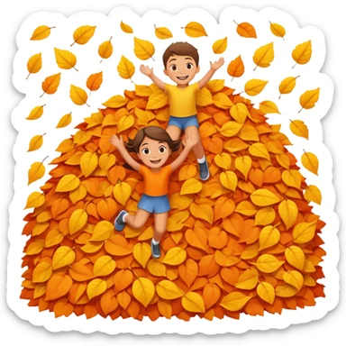 two children mid-air above a big pile of orange and yellow leaves, smiling faces sticker