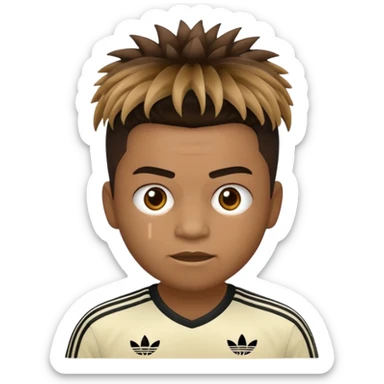 Crie um emoji de um menino com o cabelo castanho claro com uma franja reta e o corte low fade zumbi casaco de gola alta da adidas sticker