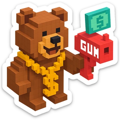 Russian grizzly bear wearing a rapper chain and holding a money gun sticker