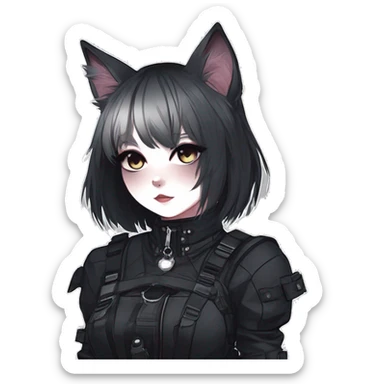 Gorgeous gothic dark techwear anime style anthro cat with blushing face aesthetic and pretty edgy black with collar and harness trending style sticker