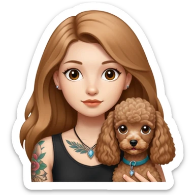 a  Fair skin girl with Light brown  Straight long hair and tattoos and a miniature poodles sticker