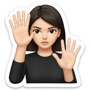 kendall jenner looking anoyed and showing her palm which is small signalising stop sticker