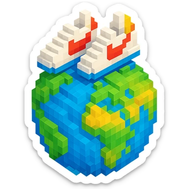 isometric view of Earth globe with a pair of Nike Cortez sneakers walking on top, voxel style sticker