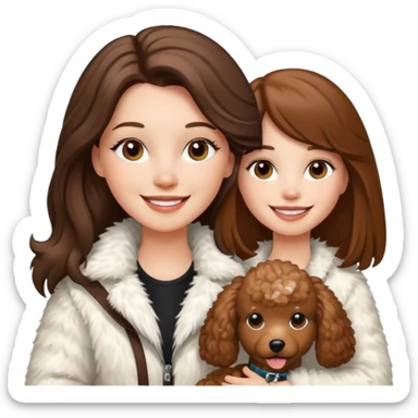 A white girl smiles a broad smile. She parts a long straight brown hair in middle. and she wears a white fur jacket. She also holds one brown poodle. sticker