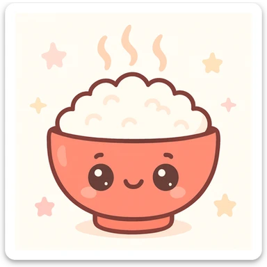 cute cartoon red bowl of rice with steam, big eyes, kawaii style sticker