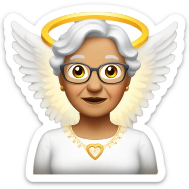 Hispanic grandma with angel wings and a halo sticker