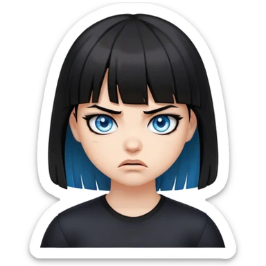 Girl angry wearing black with black medium length hair with bangs and blue eyes sticker