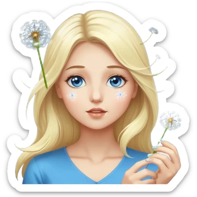 portrait woman long blonde hair blue eyes white skin blowing glowing dandelion seeds sticker