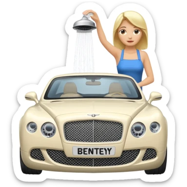 A blond lady washing a Bentley sticker