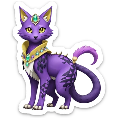 Kawaii cute Violet Yellow Black beautiful pretty elegant divine edgy feline-vernid-sergal-Fakémon-Pokémon-Digimon-fursona-animal-creature, full body, with intricate detailed markings, Embroidered capelet, Gem-studded horn ring sticker