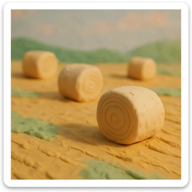hay bales in a field, pastel colors, visible fingerprints, claymation style sticker