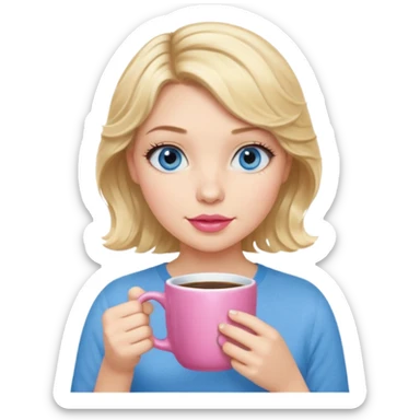 Girl Blonde short wavy hair,  blue eyes, cute blue top, long lashes, pink lips, holding coffee mug sticker