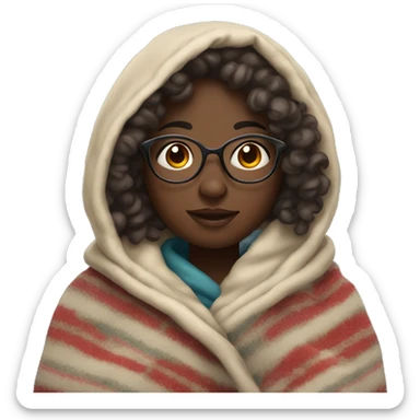 Dark skin girl with curly hair and glasses bundled up in a blanket  sticker
