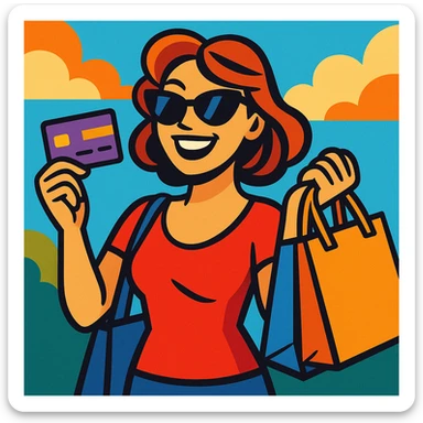 light skin woman with sunglasses, holding a credit card and shopping bags, vibrant toon style sticker