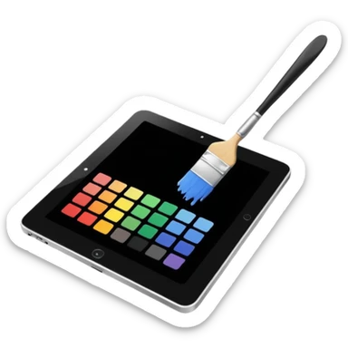 A simple graphic for digital art. A tablet dissolving into pixels with a paint brush or a pallet overlaid. No gradients. Just black on white. sticker