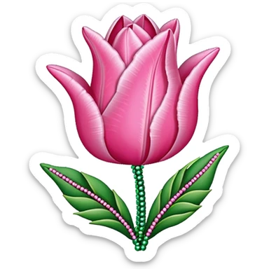 french beaded pink tulip flower with 2 leaves, handmade with glass beads, no background sticker
