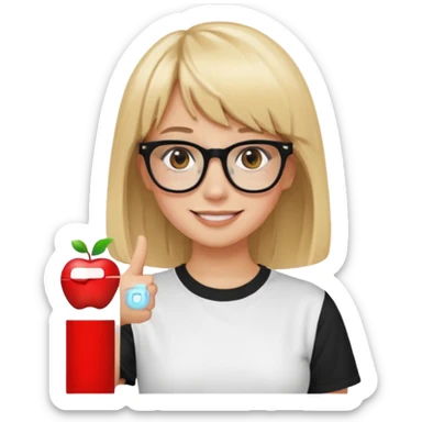 smiling girl with blonde hair, bangs, and brown eyes, wearing black square glasses and a white oversized T-shirt, pointing her finger up to the right, Apple emoji style sticker