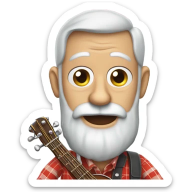 Old man, long grey beard, huge wild eyes, buck teeth, playing a banjo and wearing a red long sleeve plaid shirt sticker