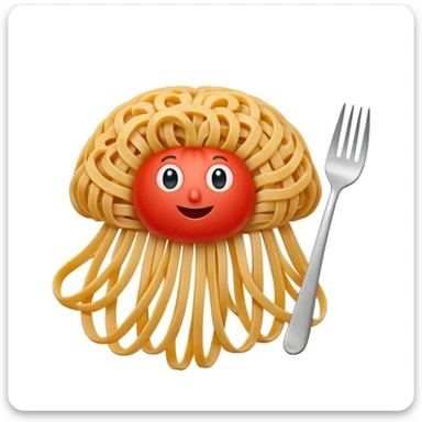 whimsical brain shaped like a spaghetti nest with a fork twirling pasta and a tomato on top sticker
