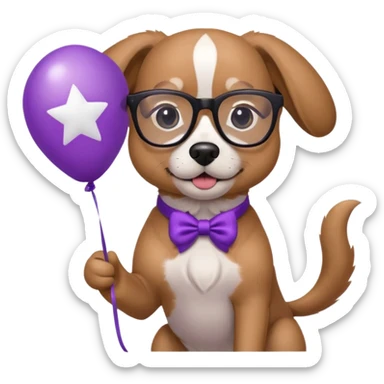 dog holding purple star balloon in hand with black glasses close view  sticker