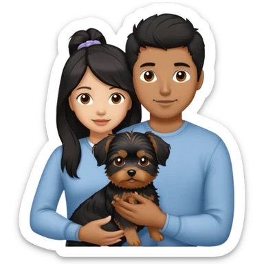 A couple holding a small Yorkshire Terrier together. The girl is Asian with long, luscious wavy black hair (loose, no hair tie). She is next to her boyfriend, a brown-skinned man with a short middle part haircut sticker