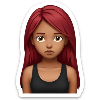 a brown girl with straight long dark red hair, black tank top, . Looking sad sticker