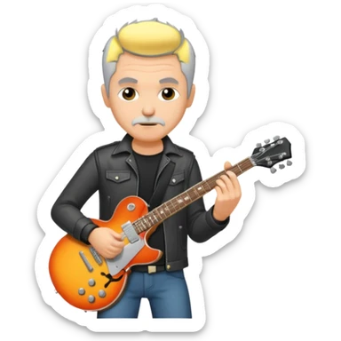 a short grey hair with no beard, middle age metal head with a classic epiphone eletric guitar sticker